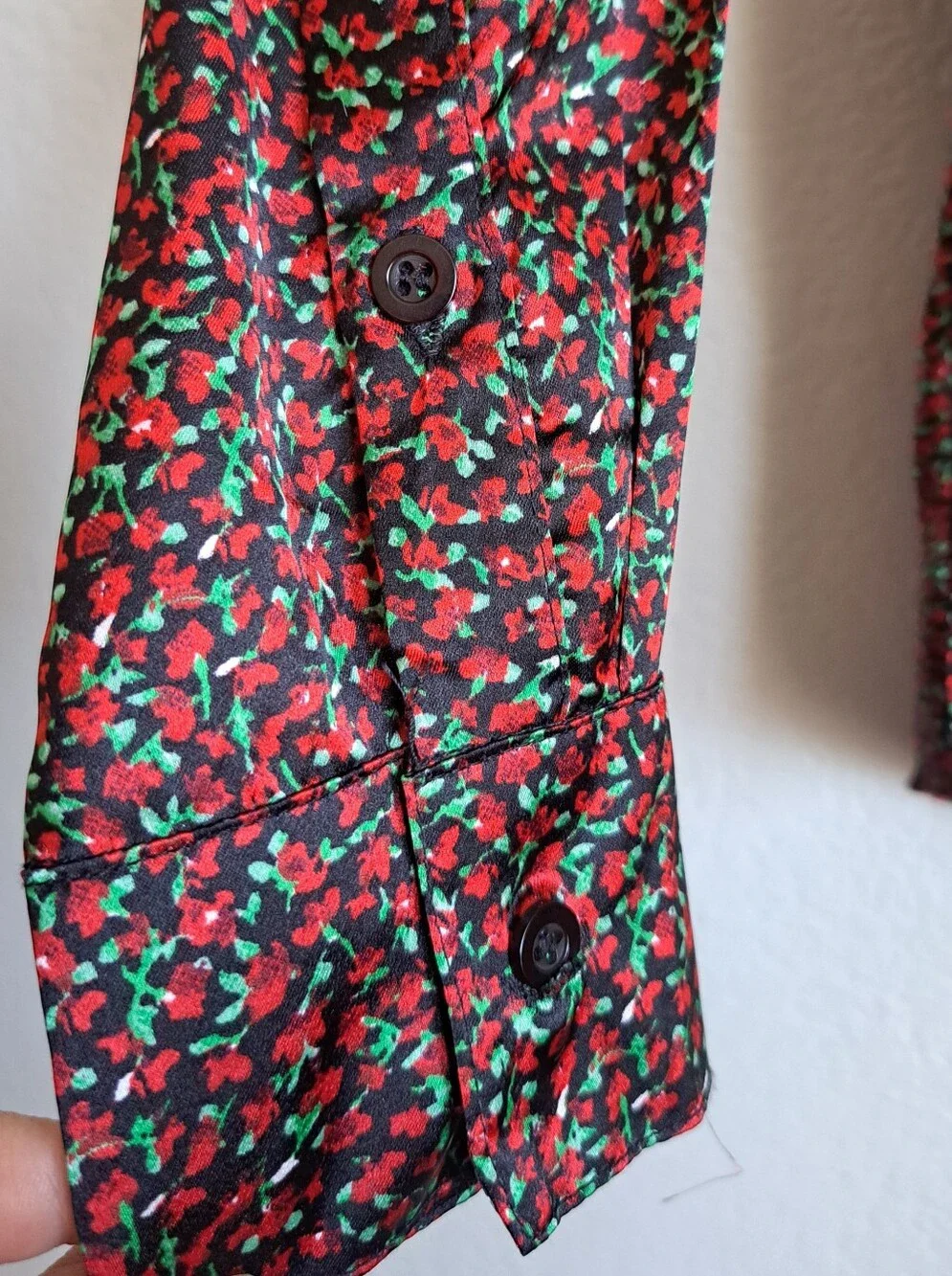 Japna Red Black Satin Micro Floral Print Button Up Longsleeve Blouse Size Small